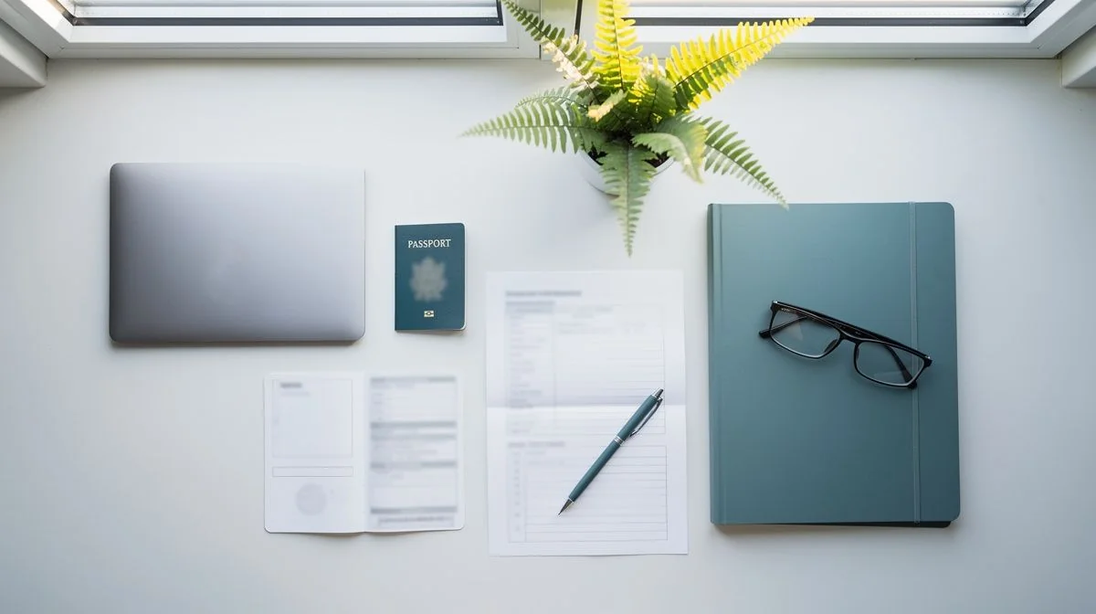 Passport, printed visa forms and reading glasses on a sunlit home office desk