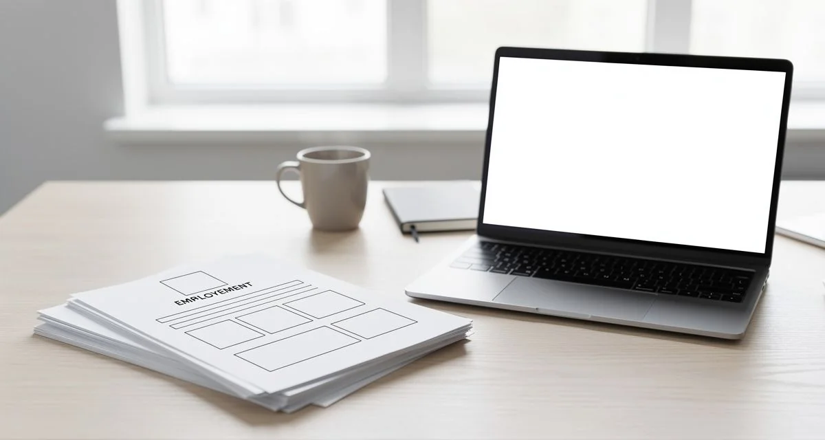 Employment agreement and visa documents beside a laptop in a bright office