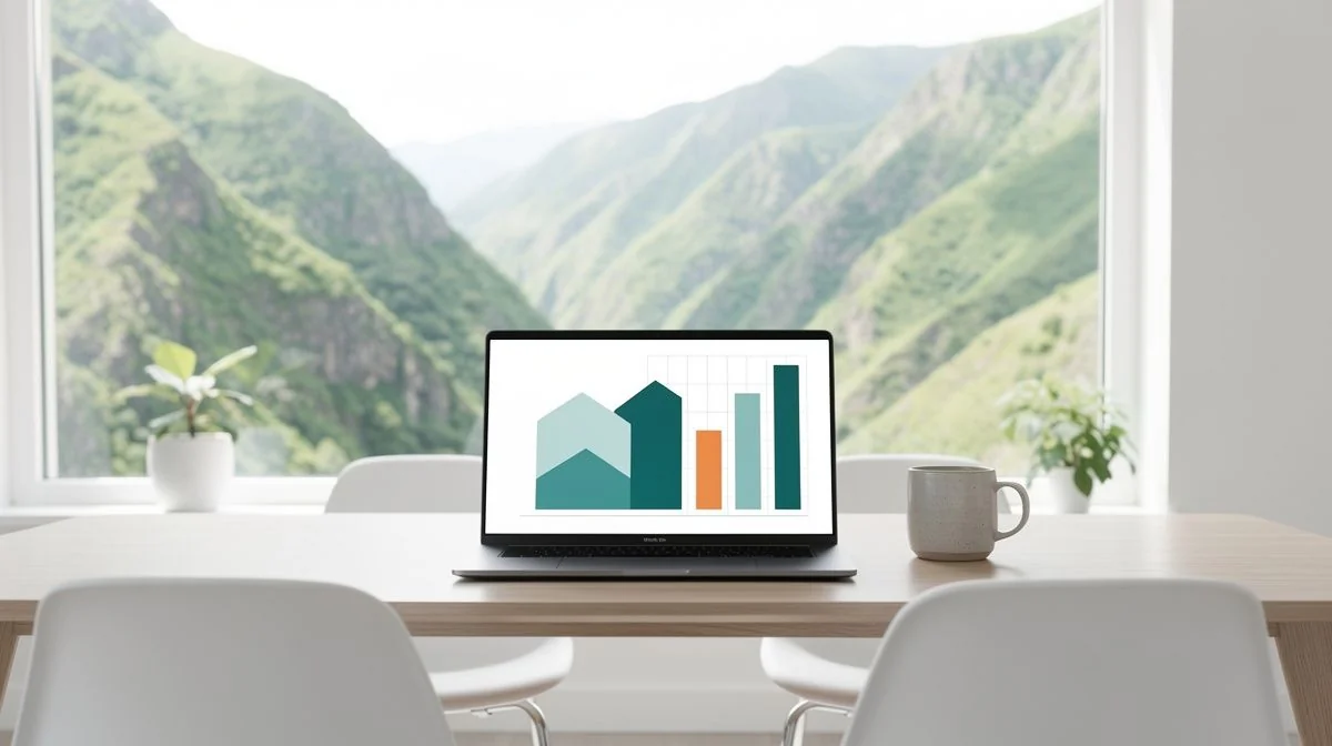 A laptop showing mortgage repayment figures on a dining table with steep valley hillsides framed in the window