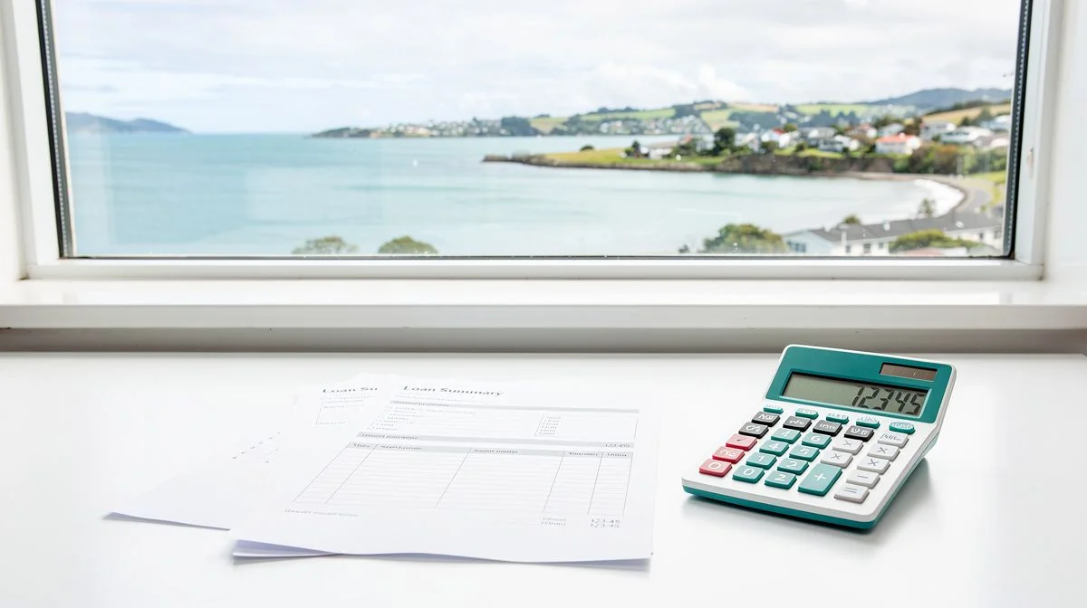 Loan documents and a calculator on a table with a view of Porirua harbour beyond the window