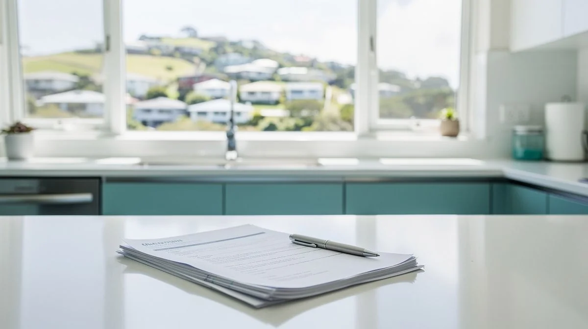 Home loan paperwork and a pen on a kitchen bench with a coastal hillside suburb visible through the window behind
