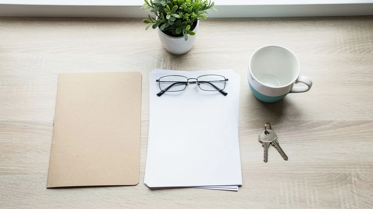 Loan documents, reading glasses and a house key on a wooden table