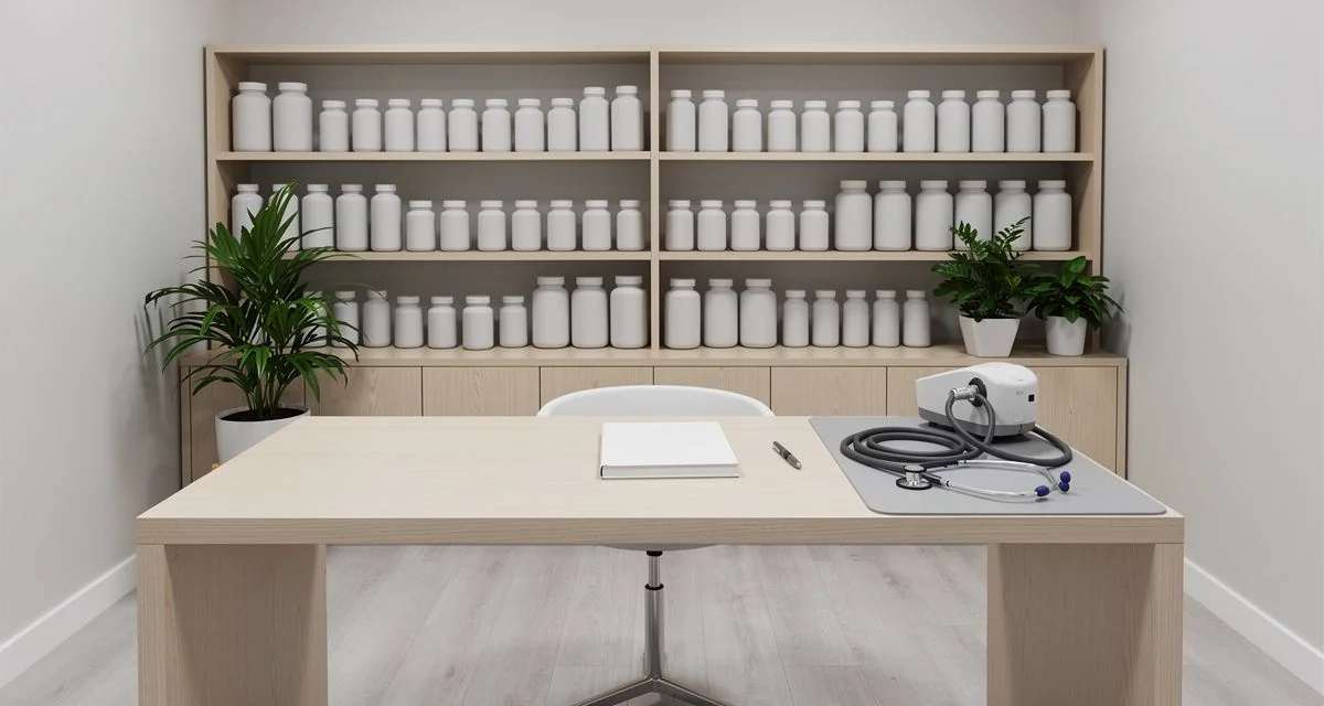 Consultation room desk with notebook and shelves of labelled supplement jars
