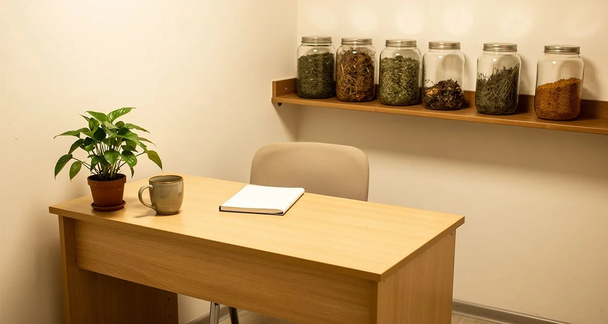 Notebook, potted plant and jars of dried herbs on a shelf in a warm clinic room