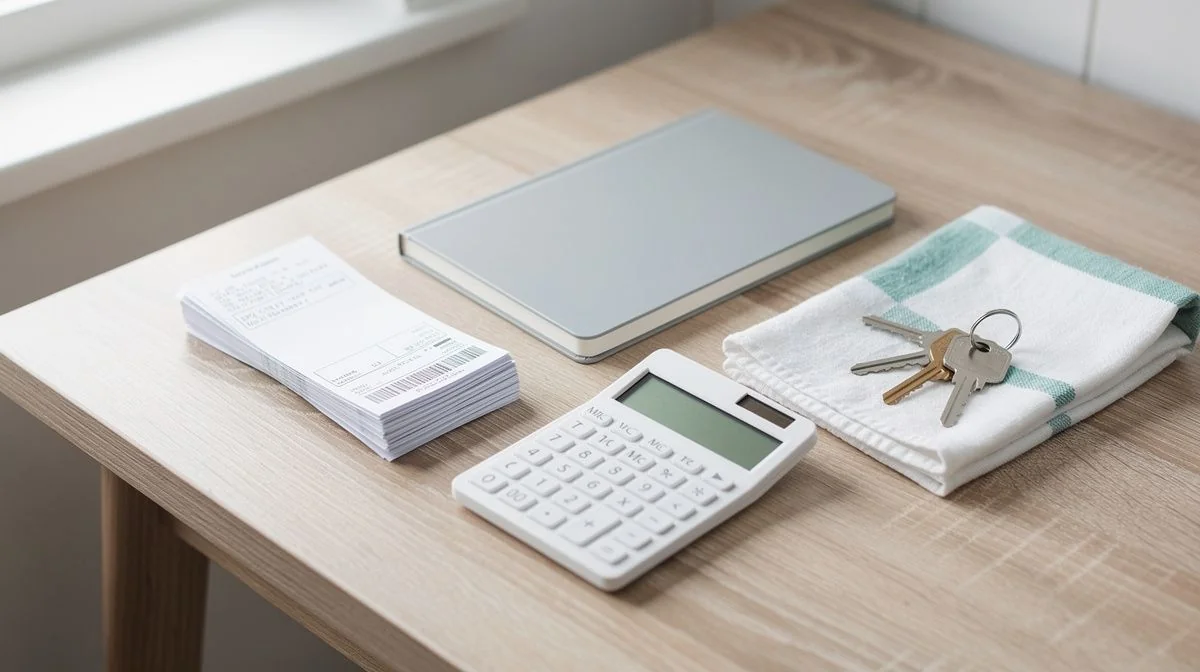 Household bills, calculator and keys on a wooden kitchen table in morning light