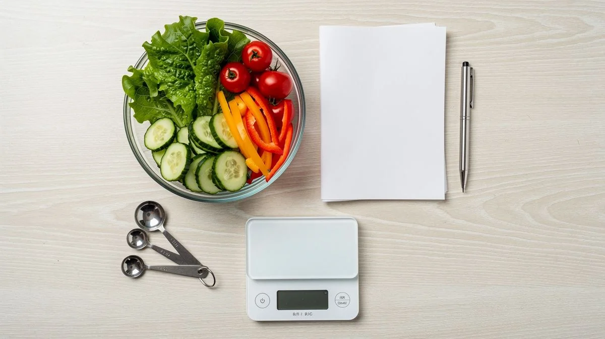 A kitchen bench with vegetables, a food diary, measuring spoons and a digital scale