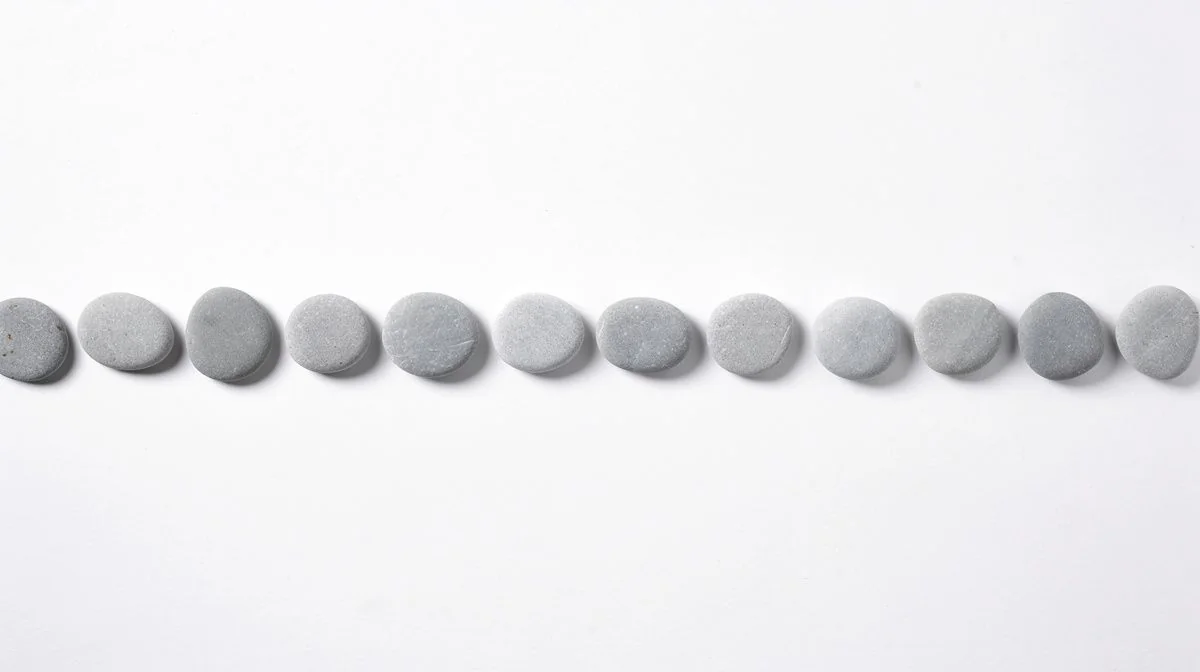 A neat row of smooth round grey stones evenly spaced on a white surface