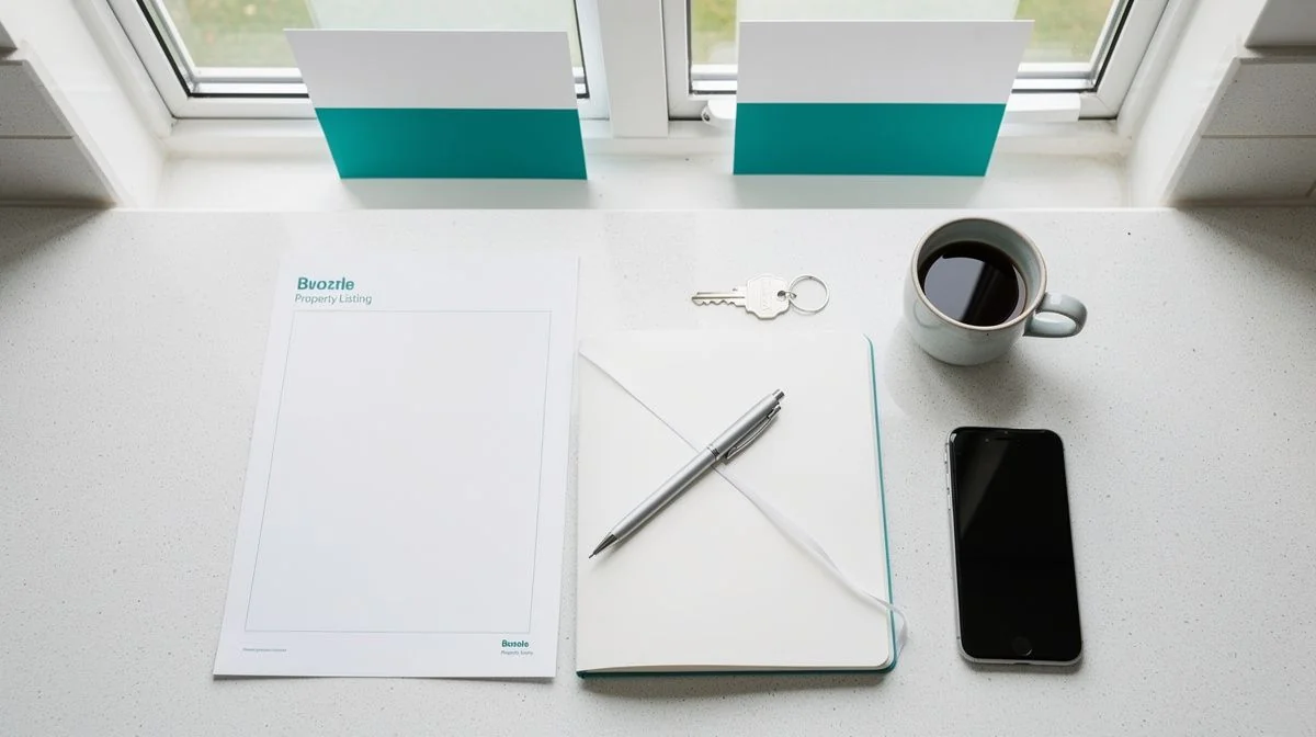 Property listing brochure, keys and notebook on a kitchen bench