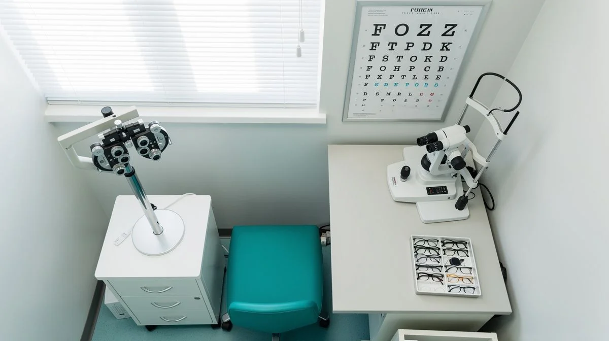 Optometry examination room with phoropter, slit lamp and wall eye chart