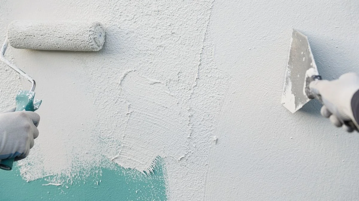 Close view of a painter filling and priming a textured plaster wall on a Christchurch home