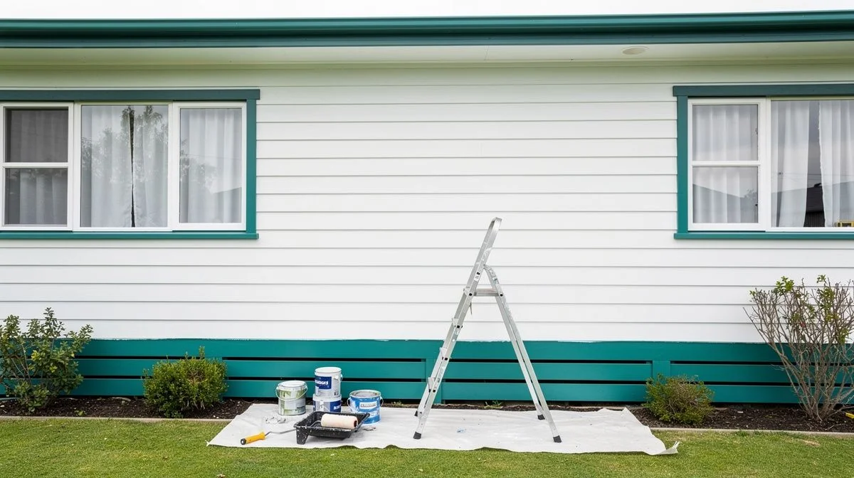 Painter recoating the weather-beaten south wall of a single-level Palmerston North weatherboard home