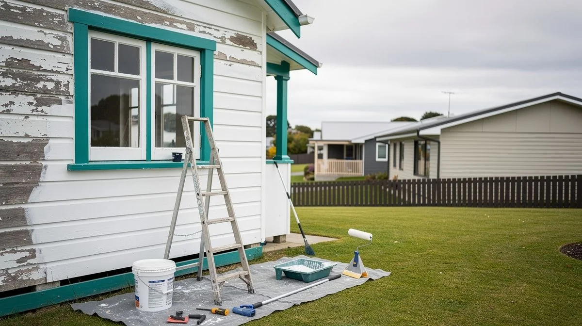 Painter preparing and priming worn weatherboards on an older Porirua home with newer housing visible beyond