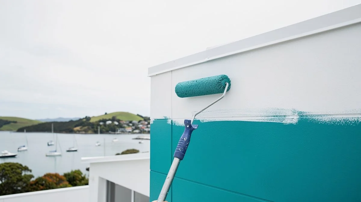 Painter applying exterior coating to a sun-exposed coastal home wall above Tauranga harbour