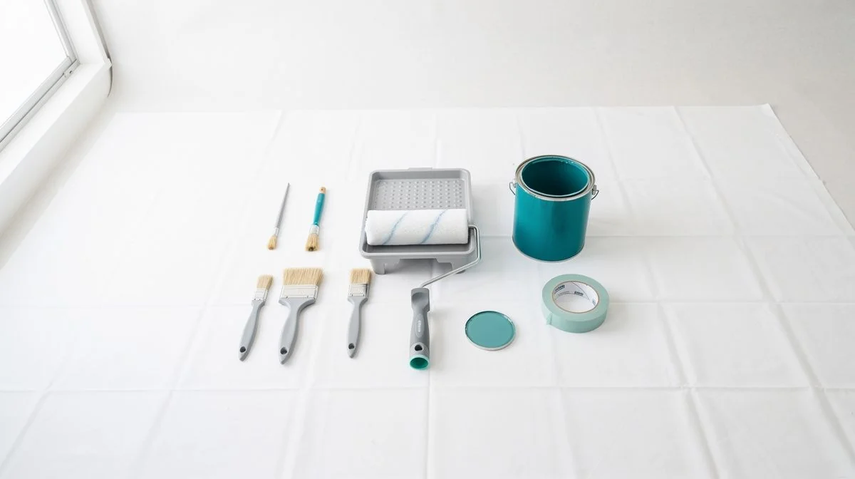 Painting brushes, a roller tray, masking tape and an open paint tin on drop sheets in a bright room