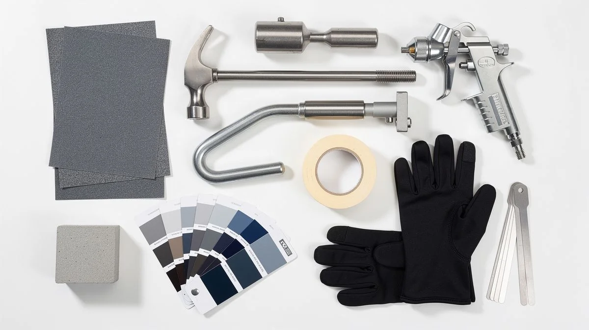 Overhead flat lay on a workshop bench of panel beating tools including a sanding block, body hammer, dent puller, masking tape, spray gun and paint colour swatches