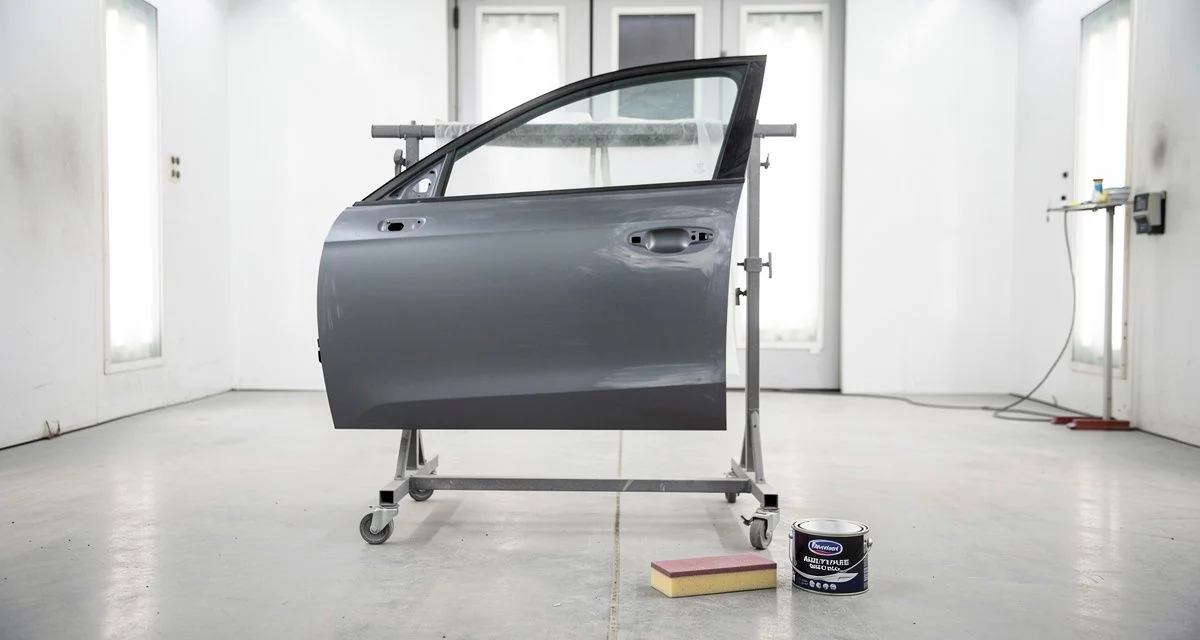 Car door panel on a workshop stand with sanding block and filler beside it
