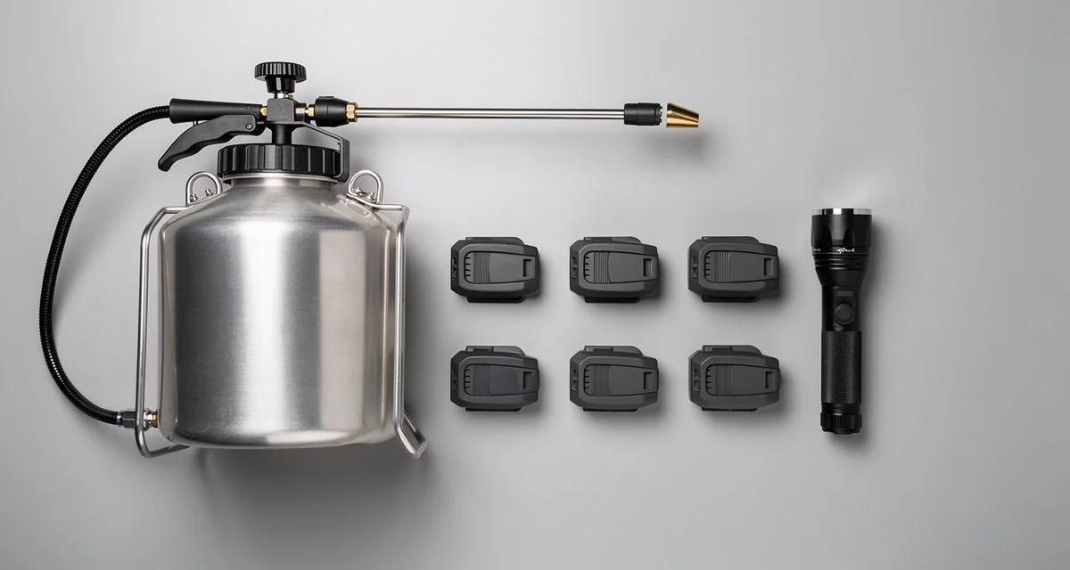 Pest control treatment sprayer and bait stations laid out in a row on a bench