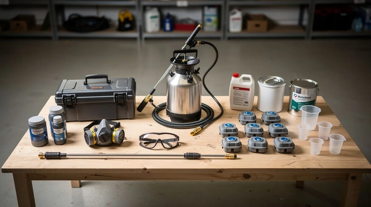 Pest control technician equipment laid out on a bench, sprayer and bait stations ready for a job