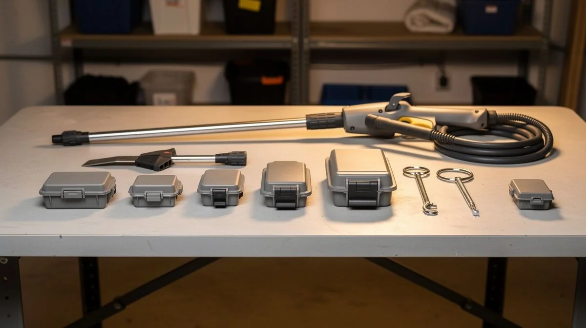 Pest control equipment on a bench, bait stations and a spray wand laid out neatly before a job