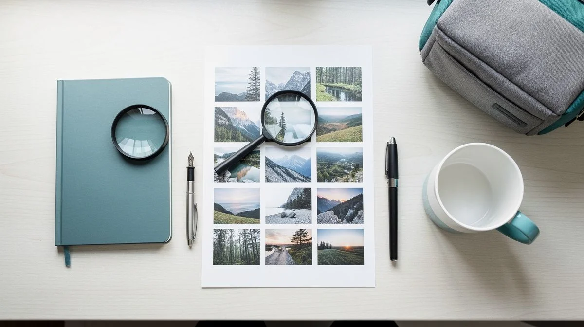 Contact sheet, loupe and notebook on a sunlit wooden desk beside a window