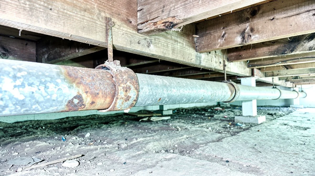 Corroded galvanised water pipes running between timber joists in an old villa subfloor