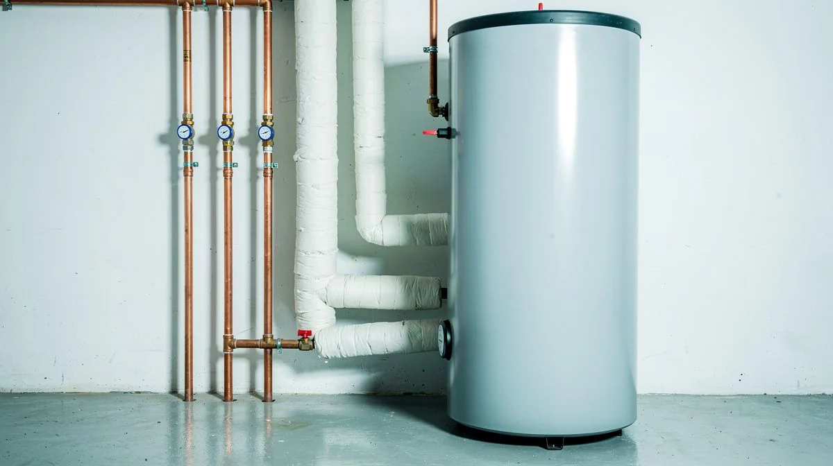 Lagging wrapped around exposed hot water pipes beside a cylinder in a cold garage