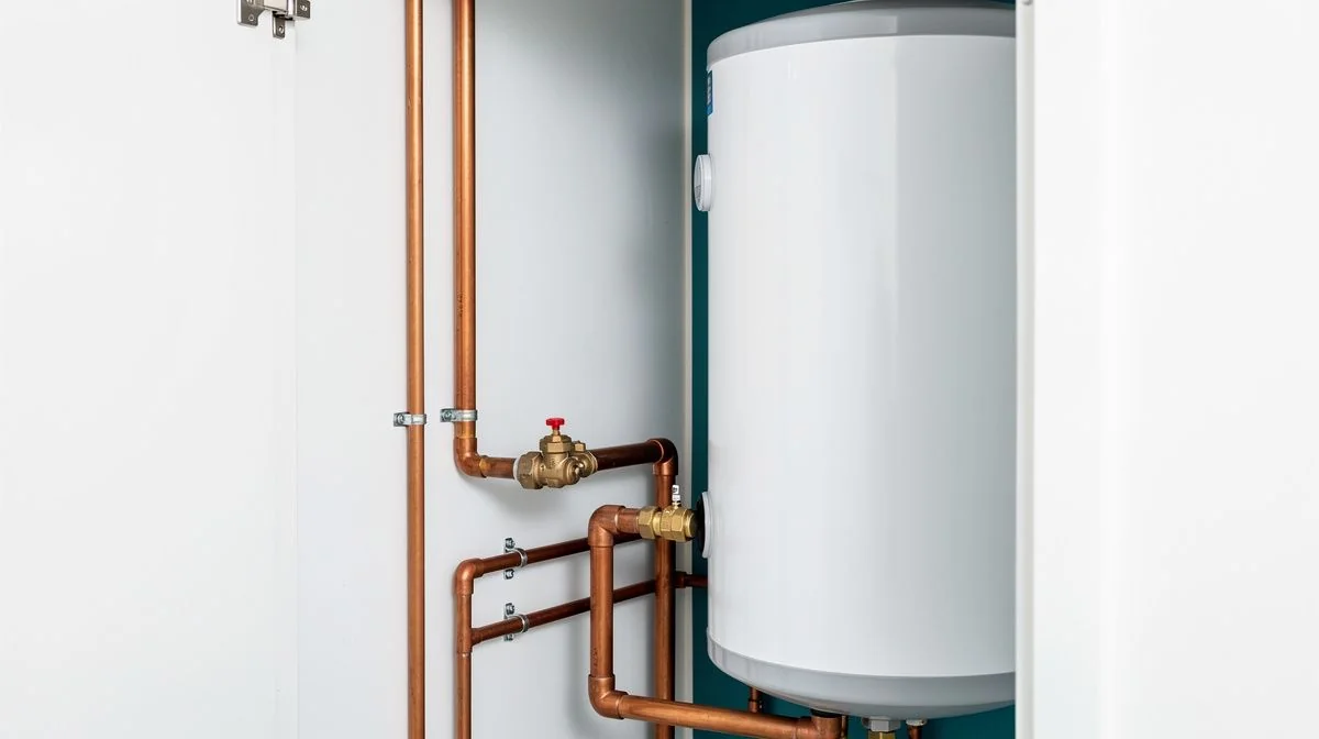 The relief valve and pipework on a wall-mounted hot water cylinder in a service cupboard