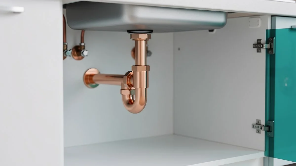 A compression fitting on copper pipework beneath a kitchen sink