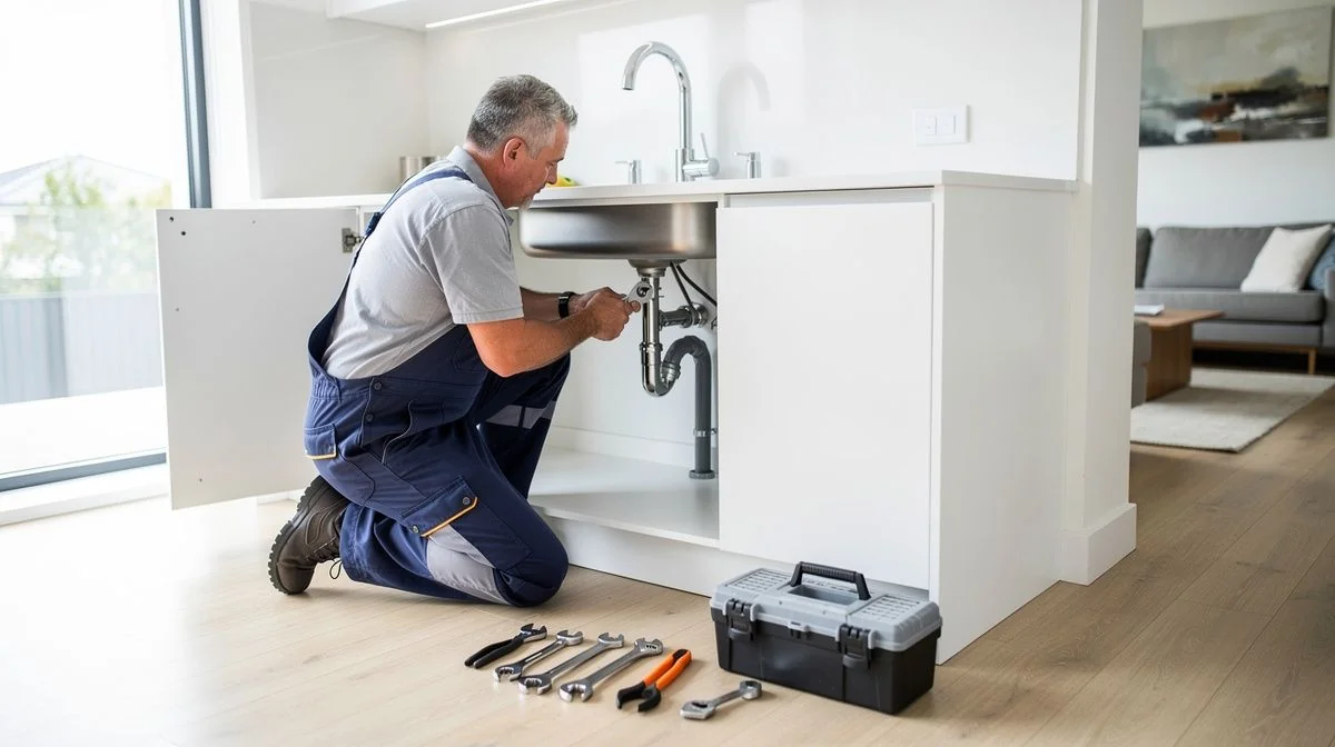 Auckland plumber working under a kitchen sink