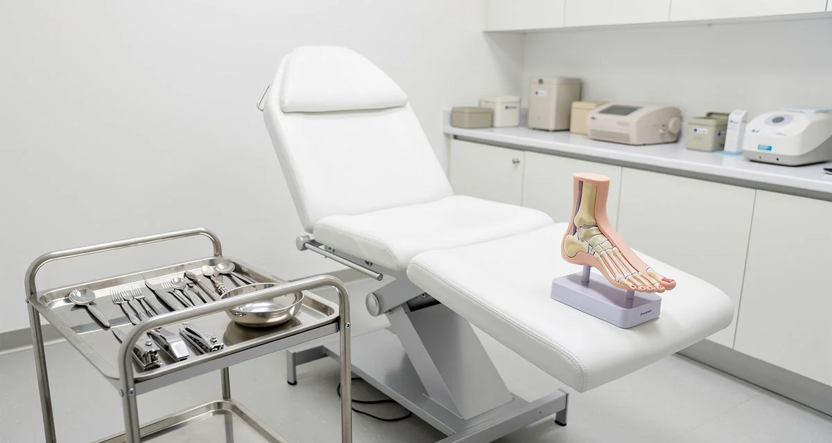 Podiatry treatment room with sterilised instrument tray and an arch model on the bench