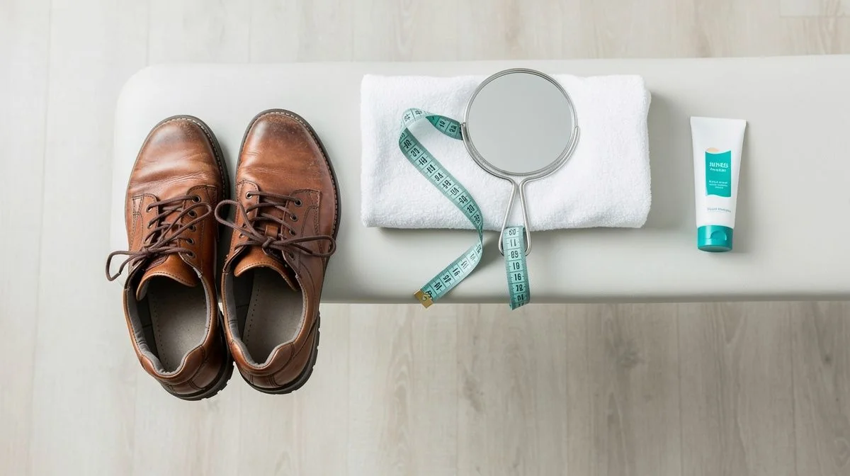 Worn walking shoes, towel and foot care items arranged on a wooden floor