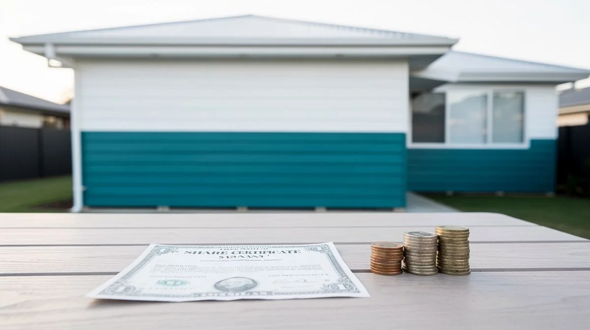 Weatherboard house exterior with share certificate and coins on outdoor table