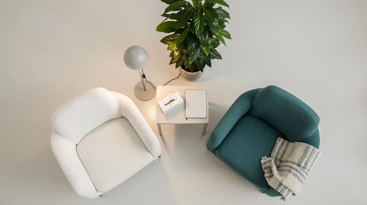 Two armchairs facing each other in a softly lit consulting room with a plant