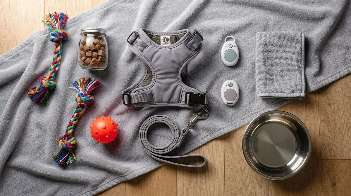 Overhead flat lay of a puppy training kit on a timber floor with harness, lead, clicker, treats and toys