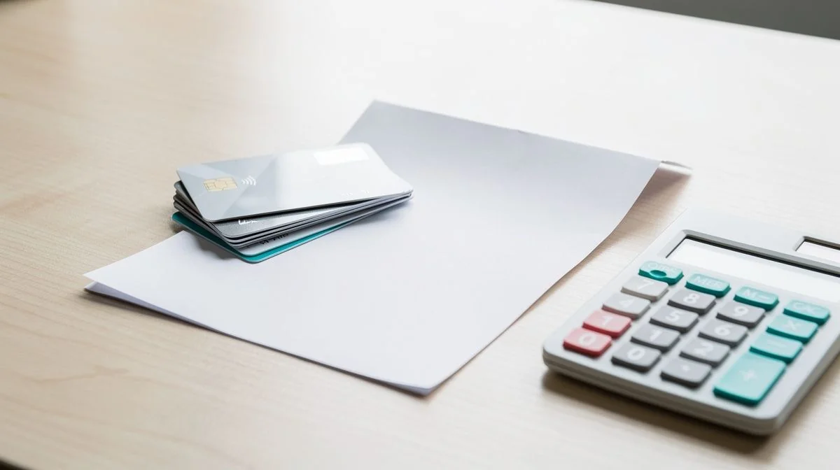 A stack of payment cards and a paper statement on a wooden desk
