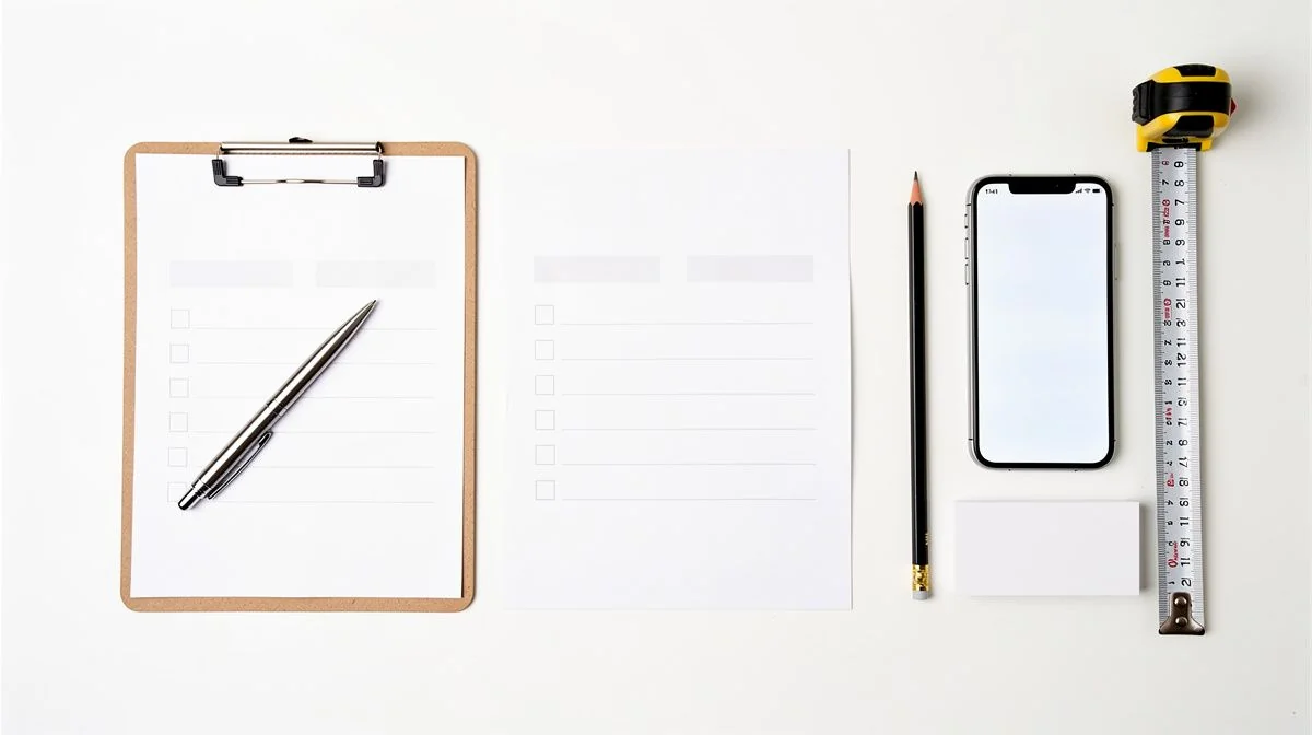 Overhead flat lay of two printed quotes and a clipboard checklist on a table beside a tape measure and pen