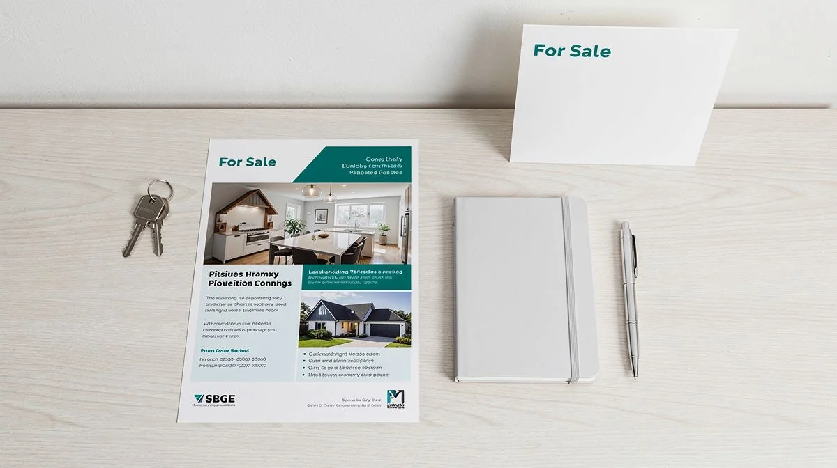 Property brochure, house keys and for-sale sign on a kitchen bench