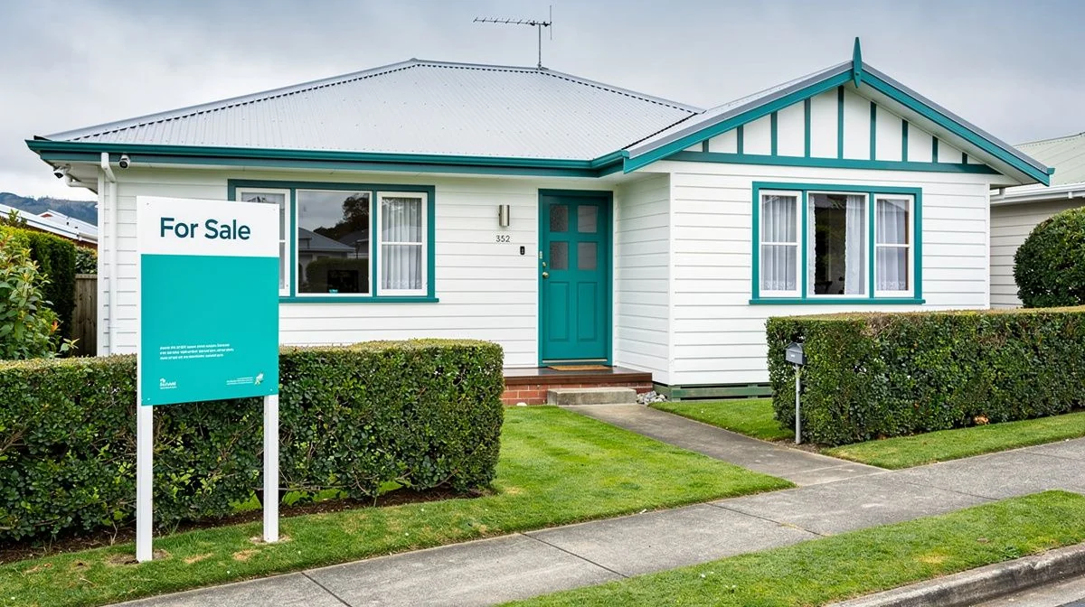 A single-storey weatherboard home in the Hutt Valley with a for-sale sign on the front lawn and a tidy hedge along the boundary