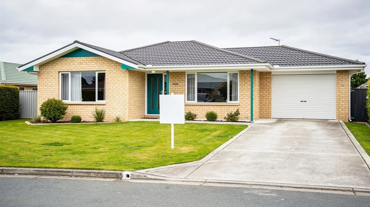 A low-set brick home on a flat Palmerston North section with a for-sale sign at the gate and a wide concrete driveway