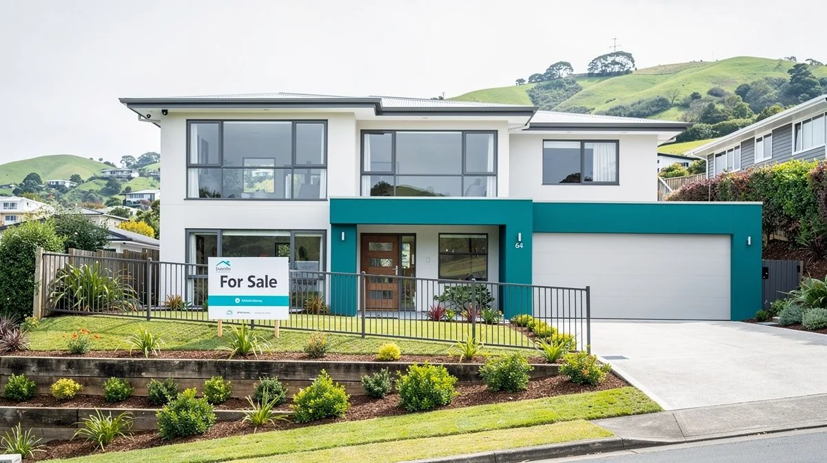 A modern two-storey home on a sloping Porirua section with a for-sale sign fixed to the front fence and hills behind