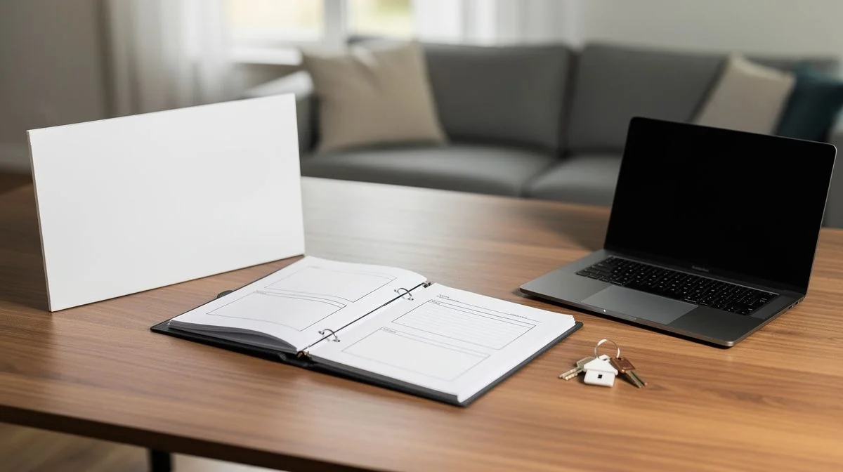 For sale sign and an open agency agreement folder on a table beside a laptop and a set of house keys