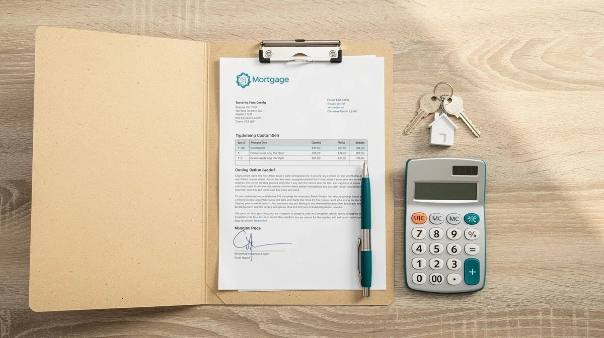 Mortgage statement, calculator, pen and house keys on a wooden table