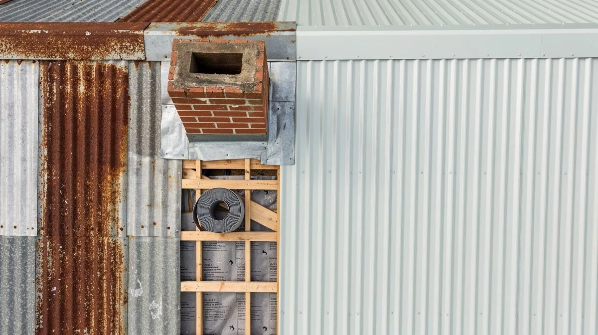 Weathered corrugated roof with rusted ridge and chimney flashing beside new metal sheets