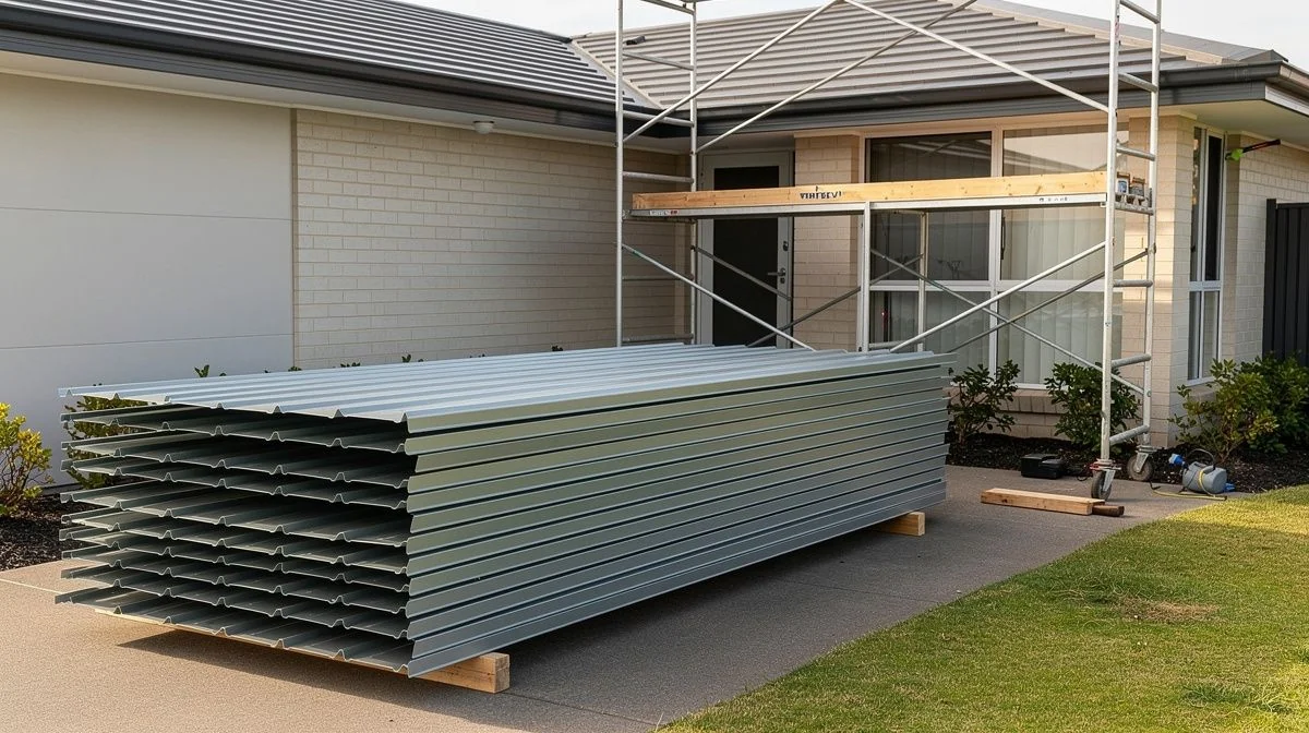 Long-run steel roofing sheets stacked beside a scaffold tower on a suburban house