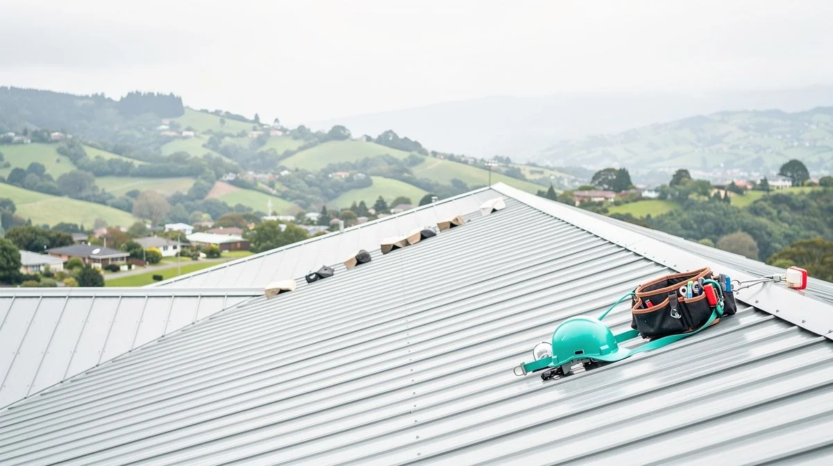 Roofer fixing long-run steel sheets along a ridgeline above a Hutt Valley hillside property