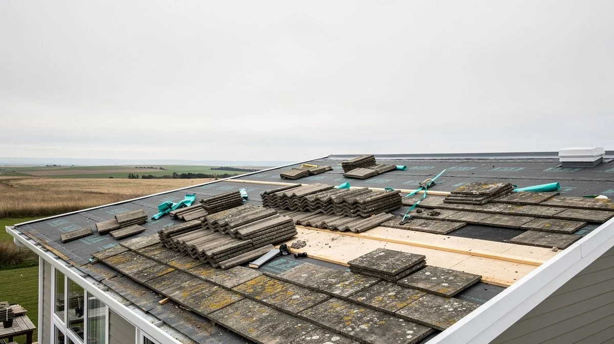 Old stone-coated tile roofing being stripped from a low-pitched house roof on the Manawatū plains