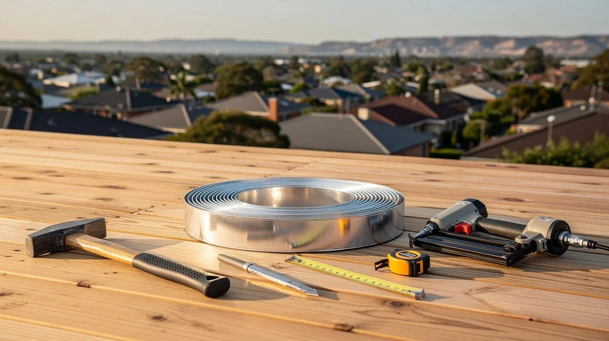 Roofing tools and a coil of flashing resting on a timber deck above a valley suburb
