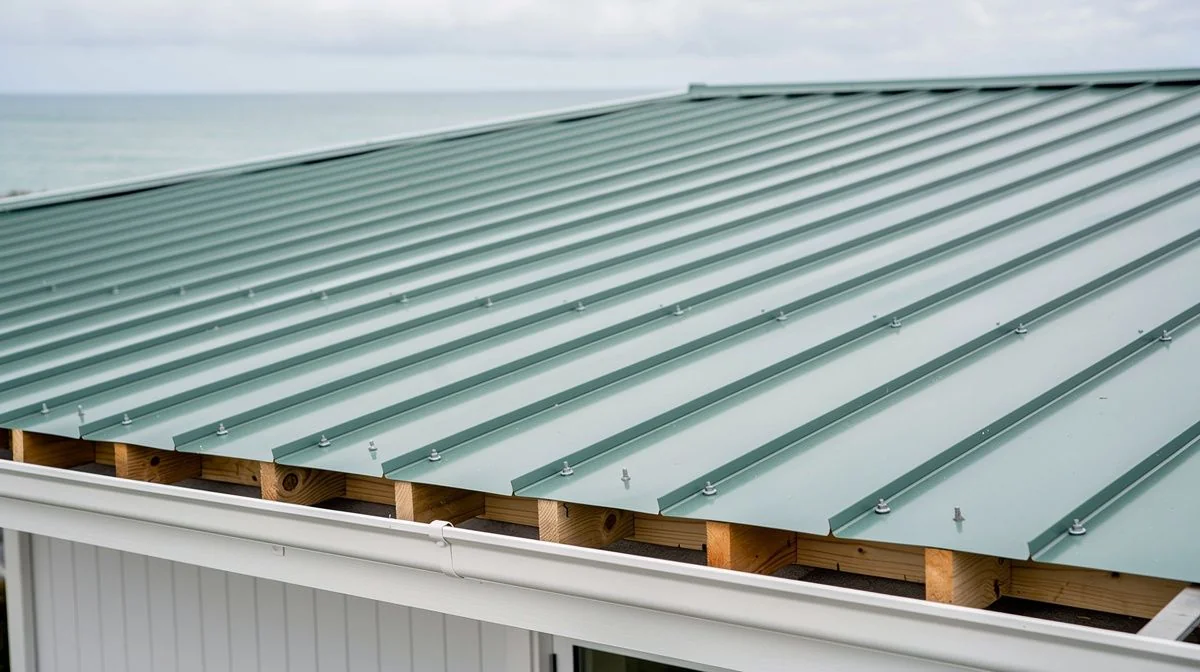 Freshly laid long-run steel roofing sheets fixed over new battens on a coastal home near Tauranga
