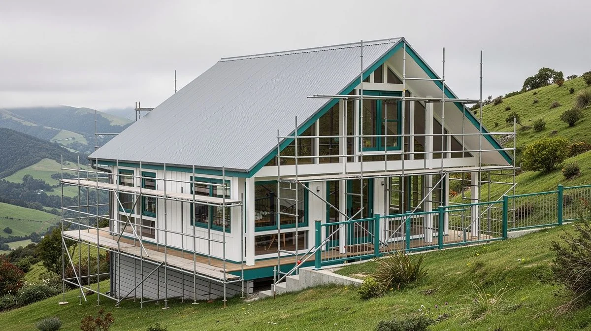 Scaffolding erected around a steep gable roof on a timber-framed hillside home in the Hutt Valley