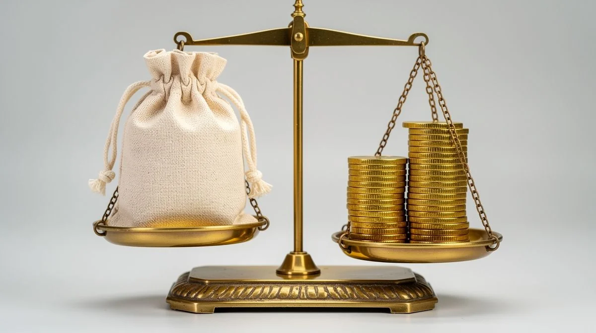 A brass balance scale with a bag on one pan and coins on the other